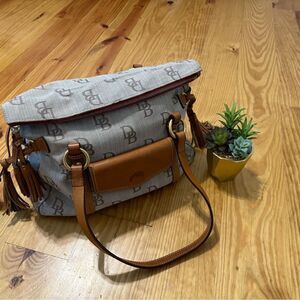 Dooney & Bourke Beige Logo Canvas Shoulder Bag with Brown Leather Trim